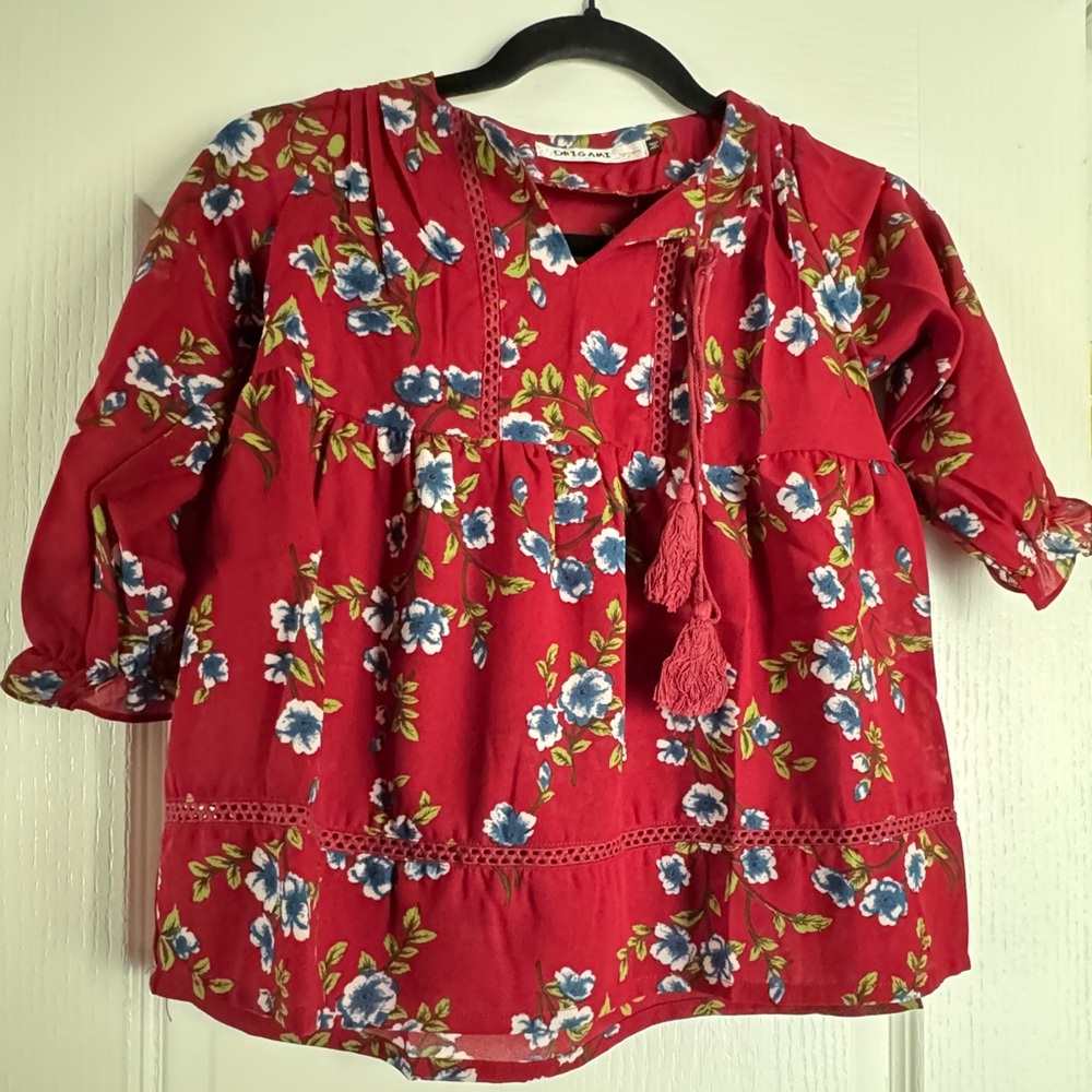 Red Floral Blouse with Pleated Detail